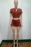 Brown Casual Sportswear Solid Patchwork Draw String Fold Zipper Collar Short Sleeve Two Pieces