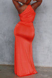 Tangerine Red Fashion Solid Patchwork Backless One Shoulder Sleeveless Two Pieces