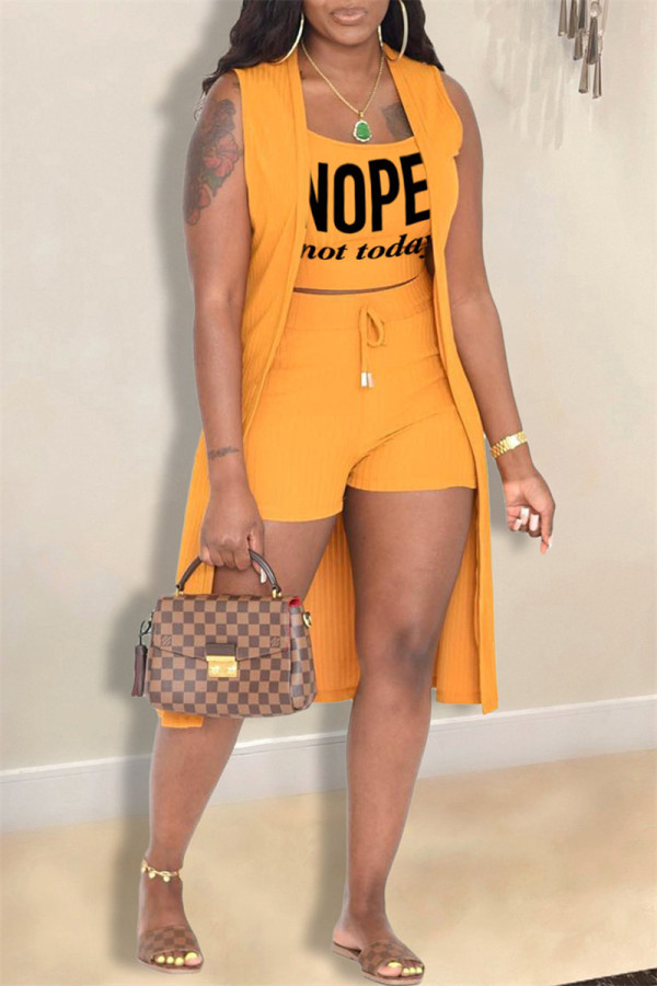 Orange Yellow Fashion Casual Letter Print Basic O Neck Sleeveless Two Pieces