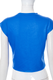 Blue Fashion Print Patchwork O Neck Tops