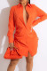 Tangerine Red Casual Solid Bandage Patchwork Buckle Turndown Collar Shirt Dress Dresses