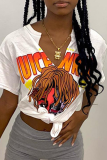 White Fashion Print Patchwork V Neck T-Shirts