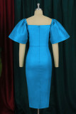 Blue Fashion Sexy Solid Slit Square Collar Evening Dress