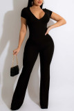 Grey Casual Solid Patchwork V Neck Straight Jumpsuits