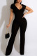 Black Casual Solid Patchwork V Neck Straight Jumpsuits