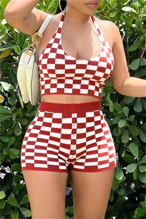 Red Sexy Casual Plaid Print Backless Halter Sleeveless Two Pieces