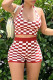 Red Sexy Casual Plaid Print Backless Halter Sleeveless Two Pieces