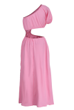 Pink Casual Solid Hollowed Out One Shoulder Straight Dresses