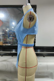 Blue Fashion Sexy Solid Backless Turndown Collar Tops