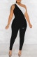 Black Fashion Street Print Patchwork One Shoulder Jumpsuits