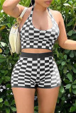 Red Sexy Casual Plaid Print Backless Halter Sleeveless Two Pieces