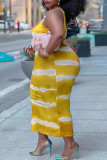Yellow Sexy Striped Print Spaghetti Strap Straight Plus Size Dresses(Without Belt)