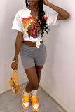 White Fashion Print Patchwork V Neck T-Shirts