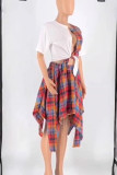 Multicolor Casual Street Print Bandage Patchwork Asymmetrical V Neck Short Sleeve Two Pieces