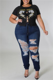 Blue Fashion Casual Print Bandage Hollowed Out O Neck Plus Size Tops