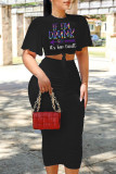 Rose Red Fashion Casual Letter Print Fold O Neck Short Sleeve Two Pieces