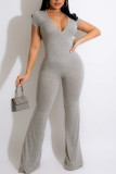 Grey Casual Solid Patchwork V Neck Straight Jumpsuits