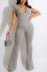 Grey Casual Solid Patchwork V Neck Straight Jumpsuits