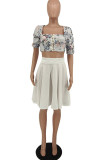 White Fashion Sexy Print Patchwork Square Collar Short Sleeve Two Pieces
