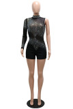 Red Fashion Sexy Patchwork Hot Drilling Backless Half A Turtleneck Skinny Romper