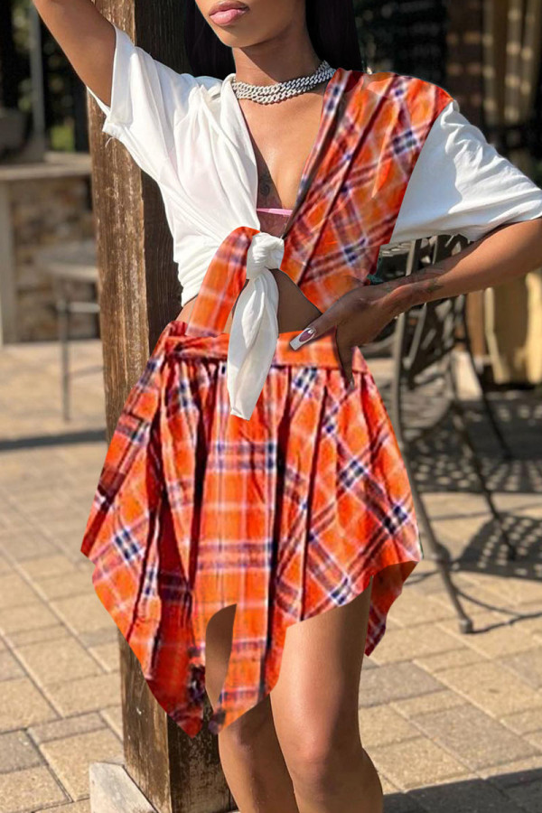 Tangerine Red Casual Street Print Bandage Patchwork Asymmetrical V Neck Short Sleeve Two Pieces