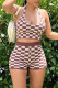Coffee Sexy Casual Plaid Print Backless Halter Sleeveless Two Pieces