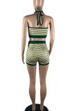 Green Sexy Striped Print Patchwork Backless Halter Sleeveless Two Pieces
