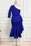 Blue Fashion Casual Solid Patchwork Backless Oblique Collar Irregular Dress