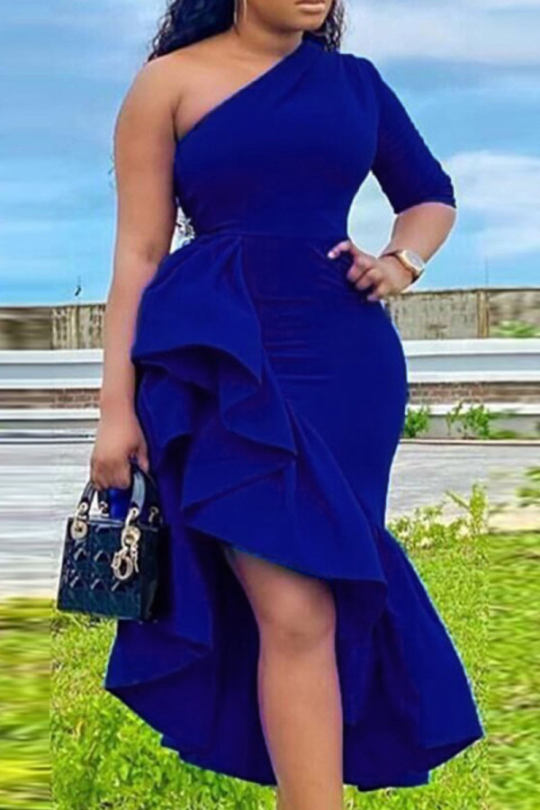Blue Fashion Casual Solid Patchwork Backless Oblique Collar Irregular Dress