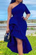 Blue Fashion Casual Solid Patchwork Backless Oblique Collar Irregular Dress