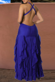 Blue Fashion Solid Flounce Halter Cake Skirt Dresses
