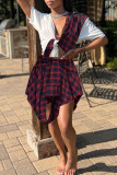 Multicolor Casual Street Print Bandage Patchwork Asymmetrical V Neck Short Sleeve Two Pieces