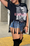 Black Fashion Print Tassel O Neck T-Shirts