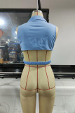 Blue Fashion Sexy Solid Backless Turndown Collar Tops
