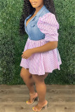 Pink Fashion Casual Striped Print Patchwork Turndown Collar Short Sleeve Dress