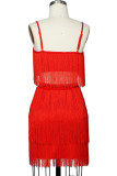 Red Fashion Sexy Solid Tassel Patchwork Backless Spaghetti Strap Sleeveless Two Pieces
