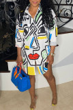 White Fashion Casual Print Patchwork Turndown Collar Shirt Dress