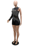 Red Fashion Sexy Patchwork Hot Drilling Backless Half A Turtleneck Skinny Romper