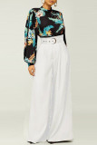 White Fashion Casual Solid Patchwork Regular High Waist Trousers