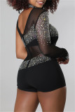 Red Fashion Sexy Patchwork Hot Drilling Backless Half A Turtleneck Skinny Romper