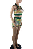 Green Sexy Striped Print Patchwork Backless Halter Sleeveless Two Pieces