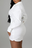 White Casual Solid Patchwork Asymmetrical V Neck Shirt Dress Dresses(Without Belt)