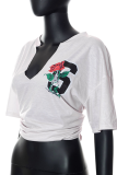 Apricot Fashion Print Patchwork V Neck T-Shirts