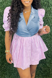 Pink Fashion Casual Striped Print Patchwork Turndown Collar Short Sleeve Dress