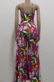 Green Casual Print Patchwork Spaghetti Strap Straight Jumpsuits