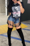 Black Fashion Print Tassel O Neck T-Shirts