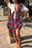 Multicolor Casual Street Print Bandage Patchwork Asymmetrical V Neck Short Sleeve Two Pieces