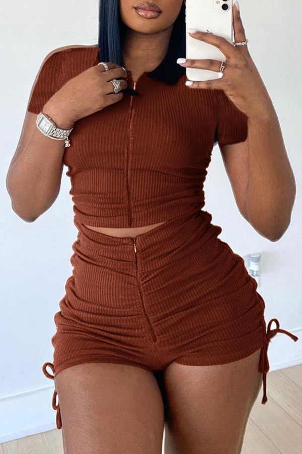 Brown Casual Sportswear Solid Patchwork Draw String Fold Zipper Collar Short Sleeve Two Pieces