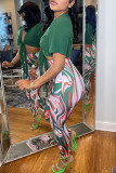Green Fashion Sexy Casual Print Bandage V Neck Short Sleeve Two Pieces