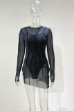 Black Fashion Sexy Solid See-through O Neck Long Sleeve Two Pieces